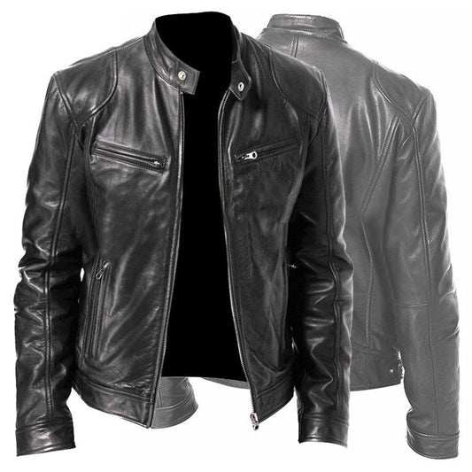 Men’s PU Leather Zip-Up Jacket – Stand Collar with Pockets - Avail Market