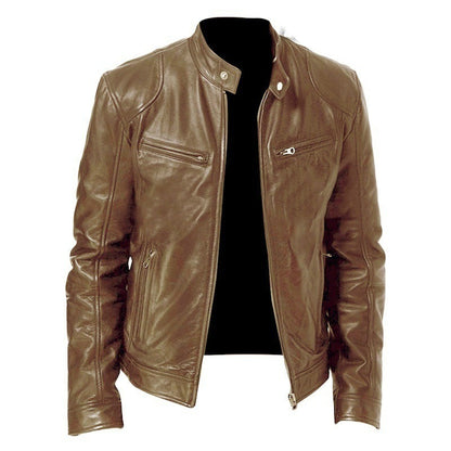 Men’s PU Leather Zip-Up Jacket – Stand Collar with Pockets - Avail Market
