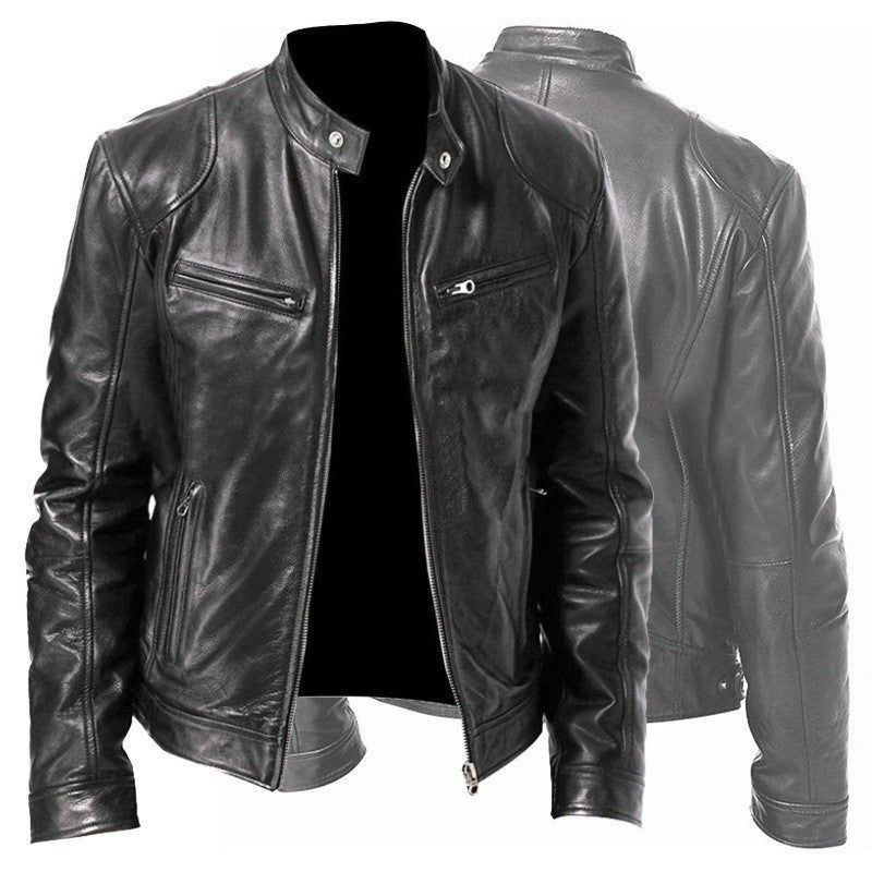 Men’s PU Leather Zip-Up Jacket – Stand Collar with Pockets - Avail Market