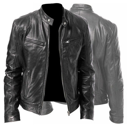 Men’s PU Leather Zip-Up Jacket – Stand Collar with Pockets - Avail Market