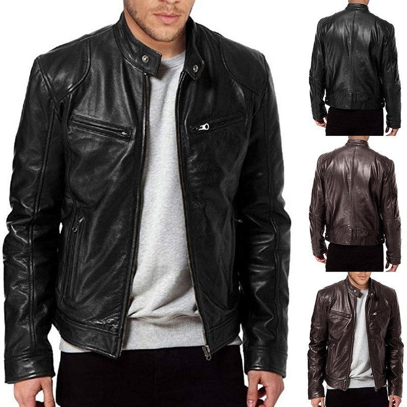 Men’s PU Leather Zip-Up Jacket – Stand Collar with Pockets - Avail Market