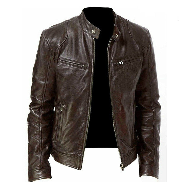 Men’s PU Leather Zip-Up Jacket – Stand Collar with Pockets - Avail Market