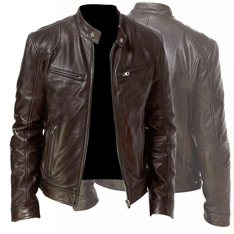 Men’s PU Leather Zip-Up Jacket – Stand Collar with Pockets - Avail Market