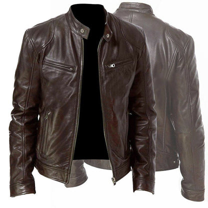 Men’s PU Leather Zip-Up Jacket – Stand Collar with Pockets - Avail Market