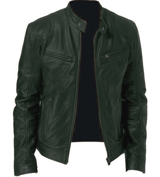 Men’s PU Leather Zip-Up Jacket – Stand Collar with Pockets - Avail Market