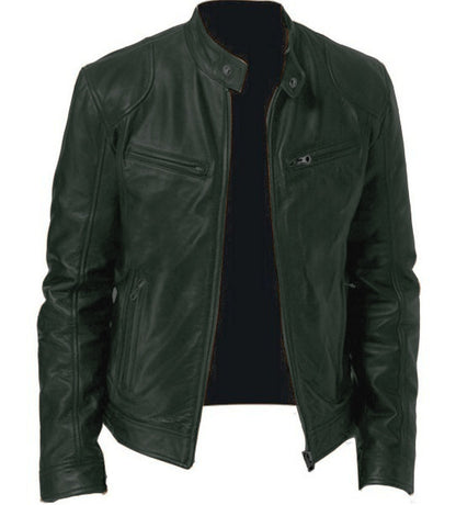 Men’s PU Leather Zip-Up Jacket – Stand Collar with Pockets - Avail Market