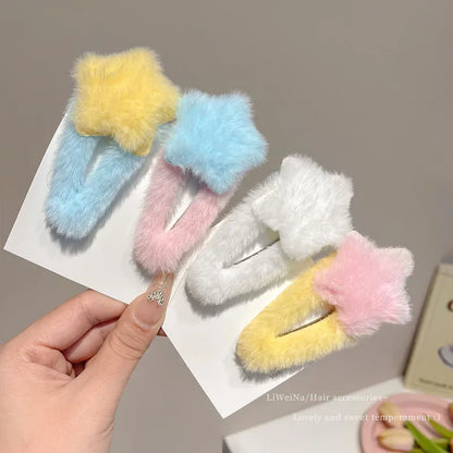 1/8pcs Cute Trendy Y2K Star Hairpins Girls Sweet Plush Autumn Winter Barrettes Pentagram Hair Clips For Women Hair Accessories
