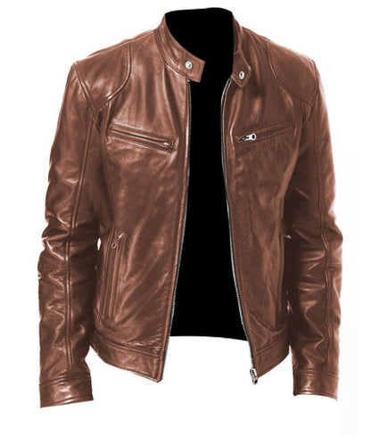 Men’s PU Leather Zip-Up Jacket – Stand Collar with Pockets - Avail Market